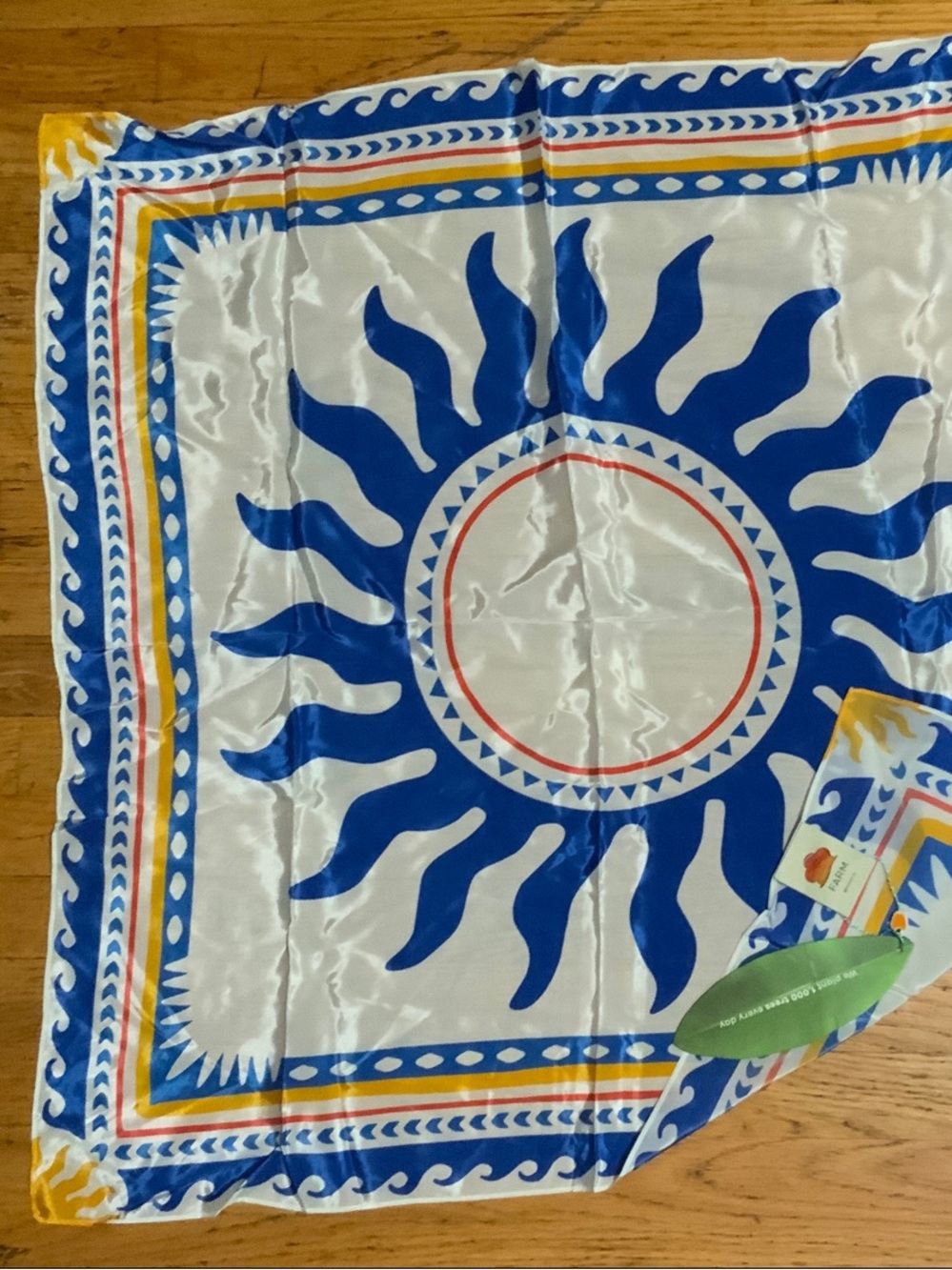 FARM Rio White, Blue & Yellow Sun Motif Silk-Look Scarf - 32 x 32 inches - Picture 3 of 9